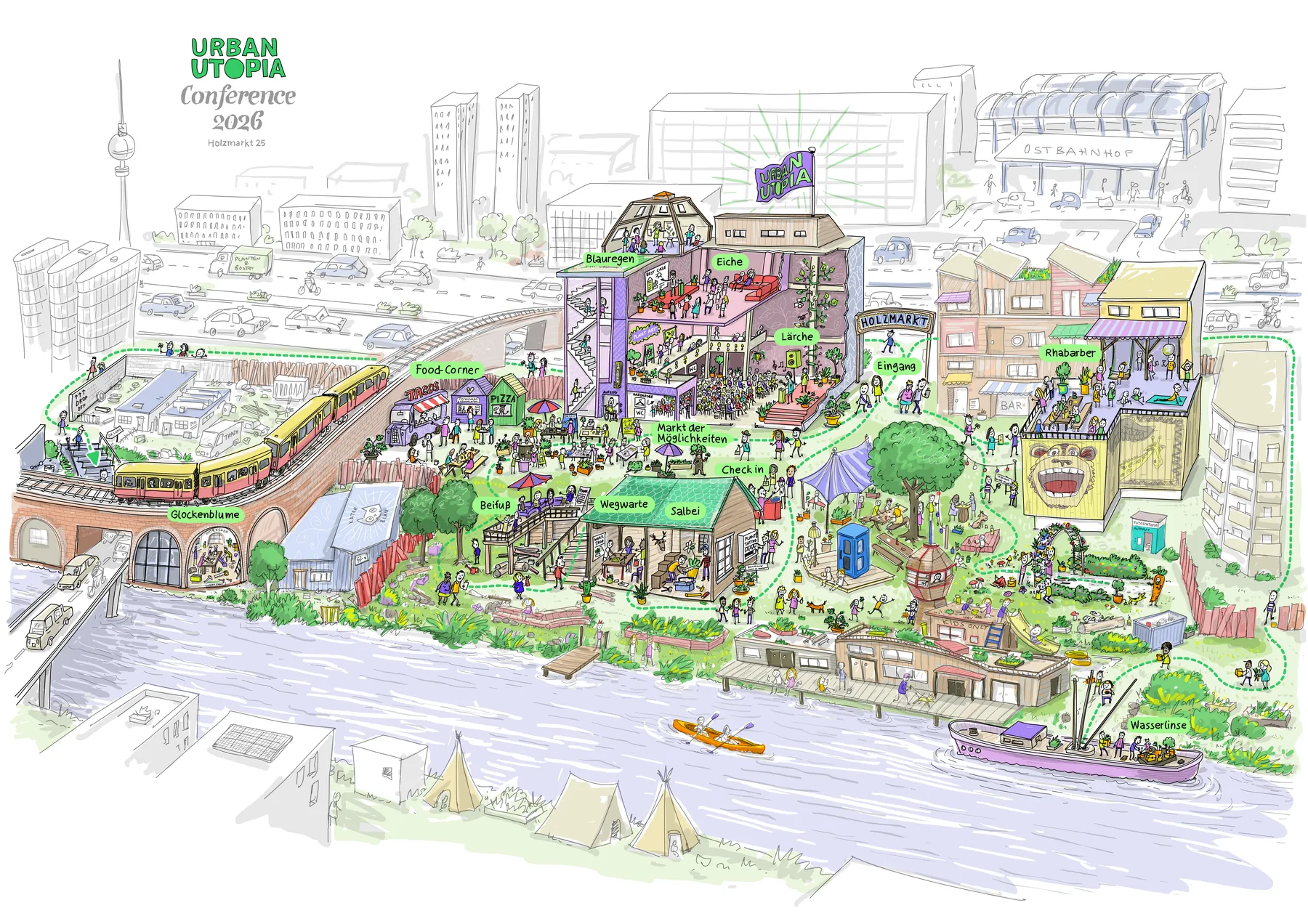 Illustrierter Geländeplan des Holzmarkt 25 für die URBAN UTOPIA Conference 2026